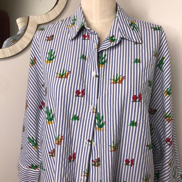 Zara Stripe Cactus Print Button Down Top - Picture 4 of 7